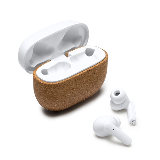 [EP3045] Wireless earbuds in recycled ABS and natural cork. Charging case with rechargable battery.