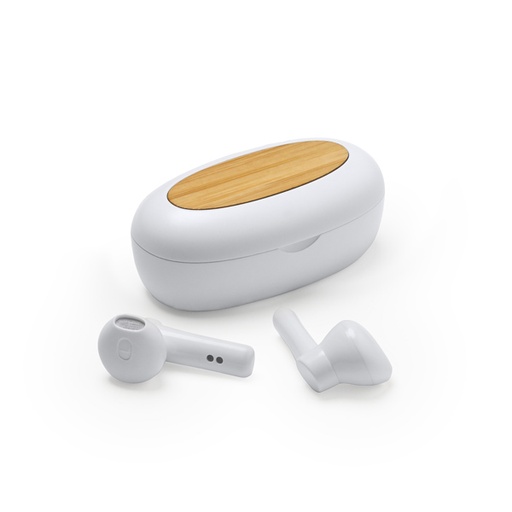 [EP3312] Bluetooth 5.0 Wireless Headset with Charging Case. Made of recycled ABS and bamboo top surface.