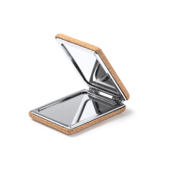 The pocket folding mirror made of natural cork with chrome metal finish.