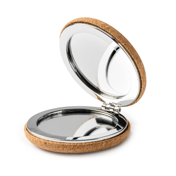 Folding double-sided pocket mirror made of natural cork and chrome plated metal.