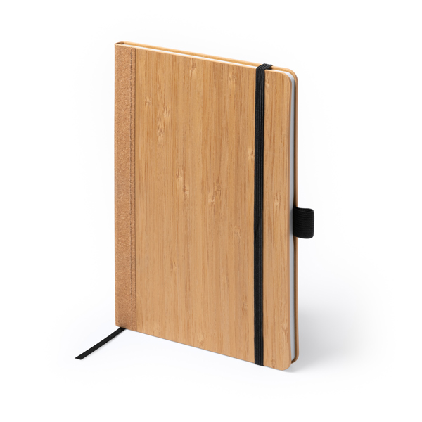 A5 notebook with bamboo and cork covers. Pen holder. Page marker and elastic band.