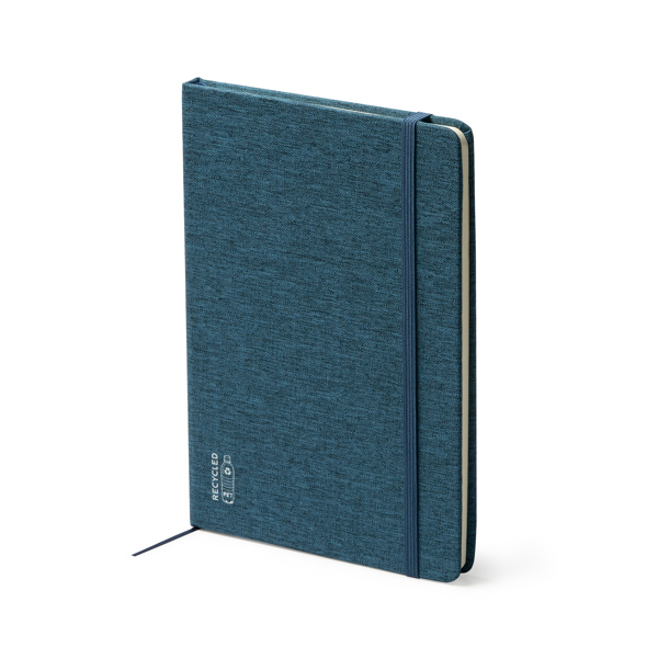 A5 notebook with hard covers in RPET. Matching bookmark and elastic band.