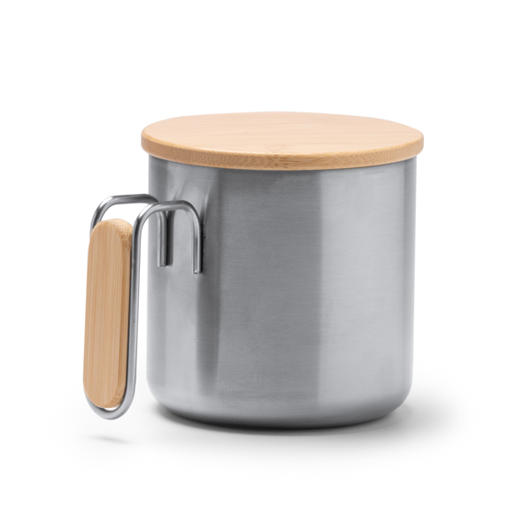 Recycled 304 stainless steel mug with bamboo detail in the handle. 350 ml capacity.