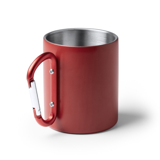 [TZ1369] Double-walled 304 stainless steel mug in matt finish. Carabiner handle in recycled aluminium. 300 ml capacity.